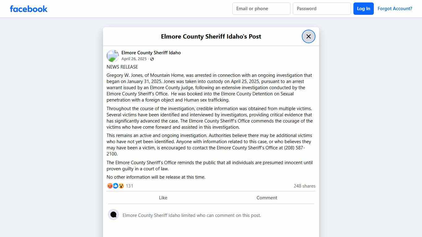 NEWS RELEASE Gregory W.... - Elmore County Sheriff Idaho Facebook