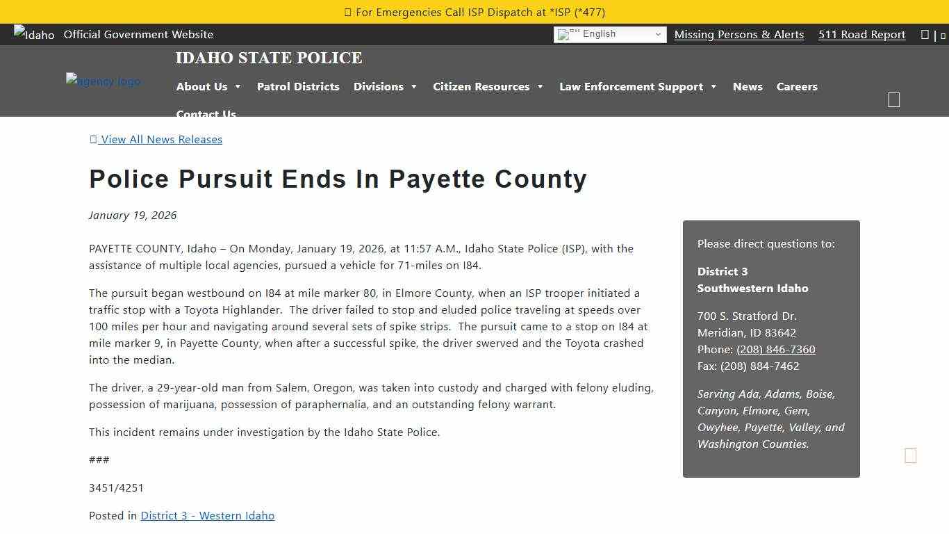 Police Pursuit Ends In Payette County Idaho State Police